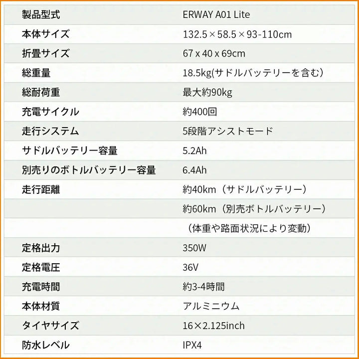 軽量電動アシスト自転車 ERWAY A01 Lite
